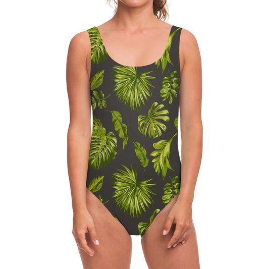 Dark Tropical Leaf Pattern Print One Piece Swimsuit