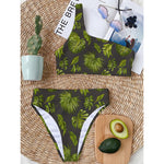 Dark Tropical Leaf Pattern Print One Shoulder Bikini Top