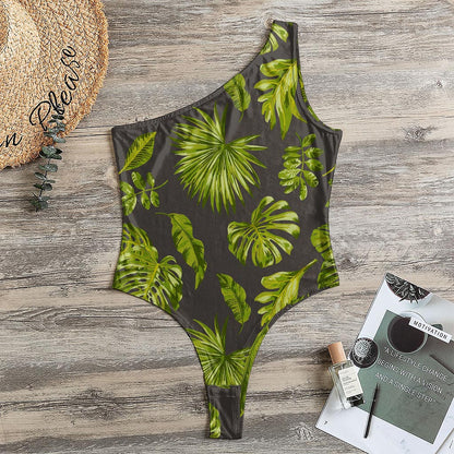 Dark Tropical Leaf Pattern Print One Shoulder Bodysuit