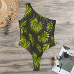 Dark Tropical Leaf Pattern Print One Shoulder Bodysuit