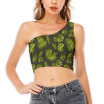 Dark Tropical Leaf Pattern Print One Shoulder Crop Top