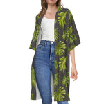 Dark Tropical Leaf Pattern Print Open Front Beach Cover Up