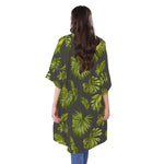 Dark Tropical Leaf Pattern Print Open Front Beach Cover Up