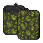 Dark Tropical Leaf Pattern Print Pot Holders With Pocket