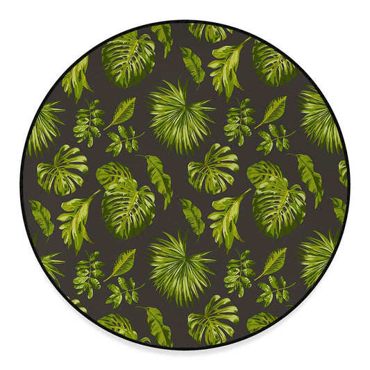 Dark Tropical Leaf Pattern Print Round Floor Mat