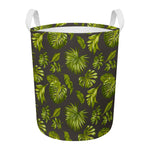 Dark Tropical Leaf Pattern Print Round Laundry Basket