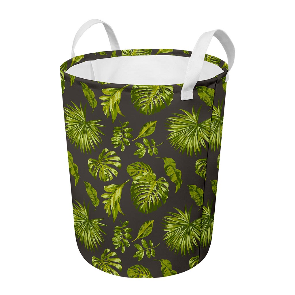 Dark Tropical Leaf Pattern Print Round Laundry Basket