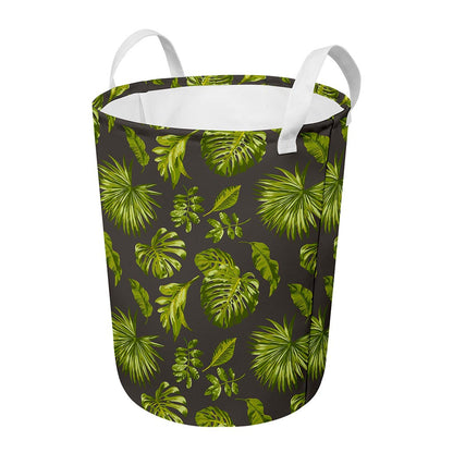 Dark Tropical Leaf Pattern Print Round Laundry Basket