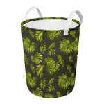 Dark Tropical Leaf Pattern Print Round Laundry Basket