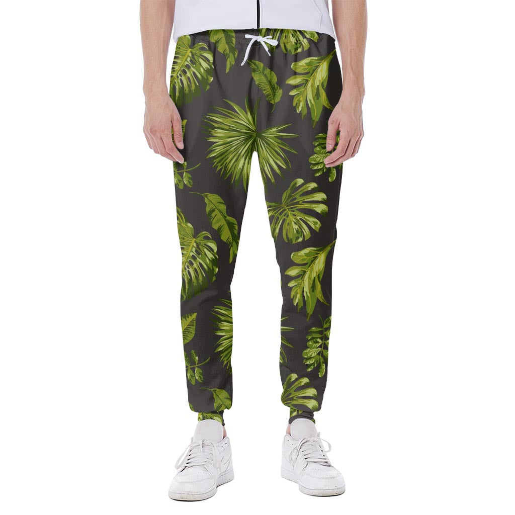 Dark Tropical Leaf Pattern Print Scuba Joggers
