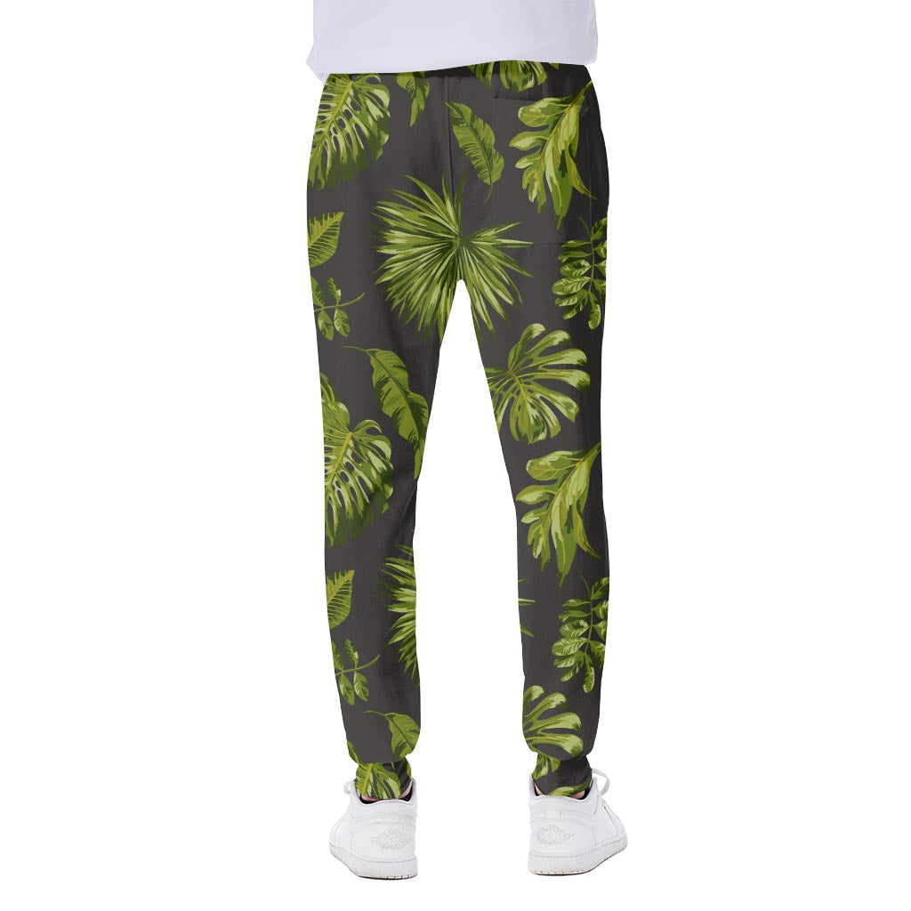 Dark Tropical Leaf Pattern Print Scuba Joggers