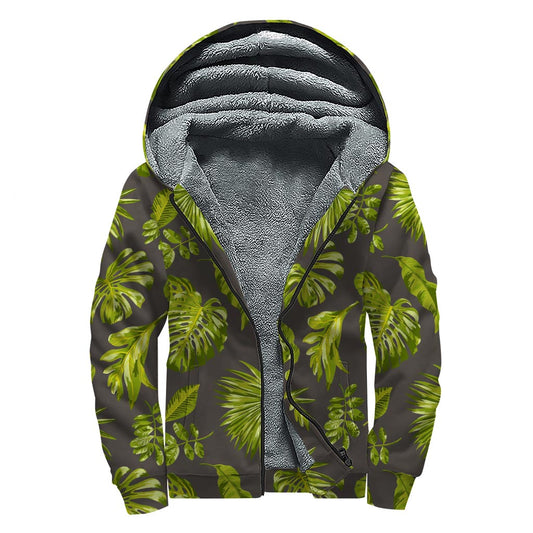 Dark Tropical Leaf Pattern Print Sherpa Lined Zip Up Hoodie