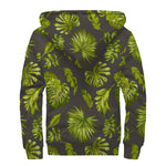 Dark Tropical Leaf Pattern Print Sherpa Lined Zip Up Hoodie