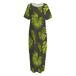 Dark Tropical Leaf Pattern Print Short Sleeve Long Nightdress