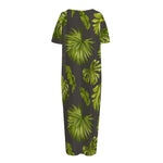 Dark Tropical Leaf Pattern Print Short Sleeve Long Nightdress