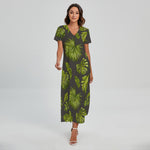 Dark Tropical Leaf Pattern Print Short Sleeve Maxi Dress