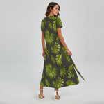 Dark Tropical Leaf Pattern Print Short Sleeve Maxi Dress