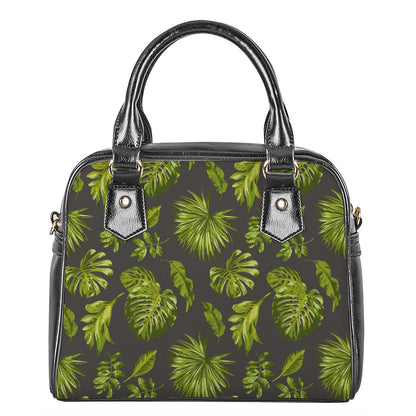 Dark Tropical Leaf Pattern Print Shoulder Handbag