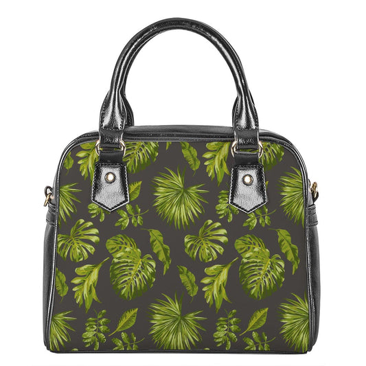 Dark Tropical Leaf Pattern Print Shoulder Handbag