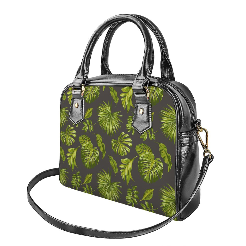 Dark Tropical Leaf Pattern Print Shoulder Handbag