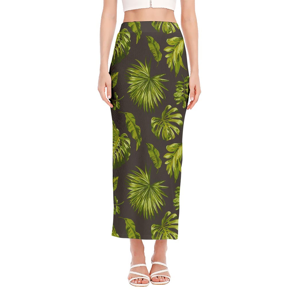 Dark Tropical Leaf Pattern Print Side Slit Maxi Skirt