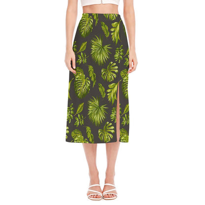 Dark Tropical Leaf Pattern Print Side Slit Midi Skirt