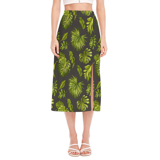 Dark Tropical Leaf Pattern Print Side Slit Midi Skirt