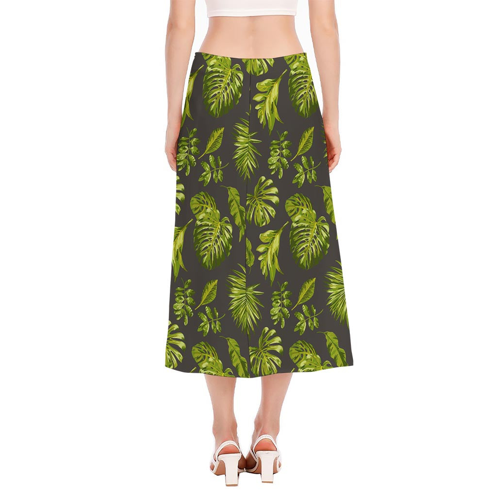 Dark Tropical Leaf Pattern Print Side Slit Midi Skirt
