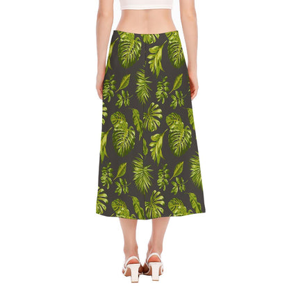Dark Tropical Leaf Pattern Print Side Slit Midi Skirt