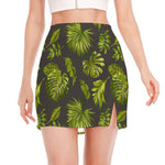 Dark Tropical Leaf Pattern Print Side Slit Mini Skirt