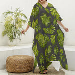 Dark Tropical Leaf Pattern Print Silk V-Neck Kaftan Dress