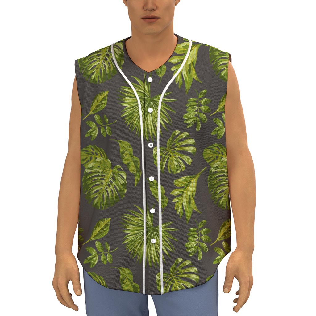 Dark Tropical Leaf Pattern Print Sleeveless Baseball Jersey
