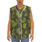 Dark Tropical Leaf Pattern Print Sleeveless Baseball Jersey