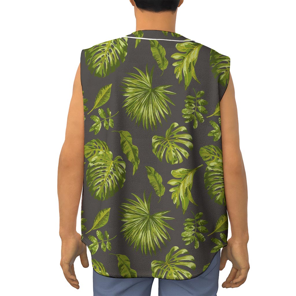 Dark Tropical Leaf Pattern Print Sleeveless Baseball Jersey