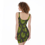 Dark Tropical Leaf Pattern Print Sleeveless Bodycon Dress