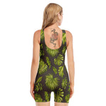 Dark Tropical Leaf Pattern Print Sleeveless One Piece Swimsuit