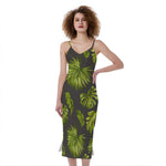 Dark Tropical Leaf Pattern Print Slim Fit Midi Cami Dress