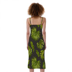 Dark Tropical Leaf Pattern Print Slim Fit Midi Cami Dress