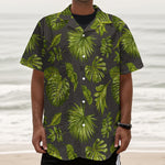 Dark Tropical Leaf Pattern Print Textured Short Sleeve Shirt