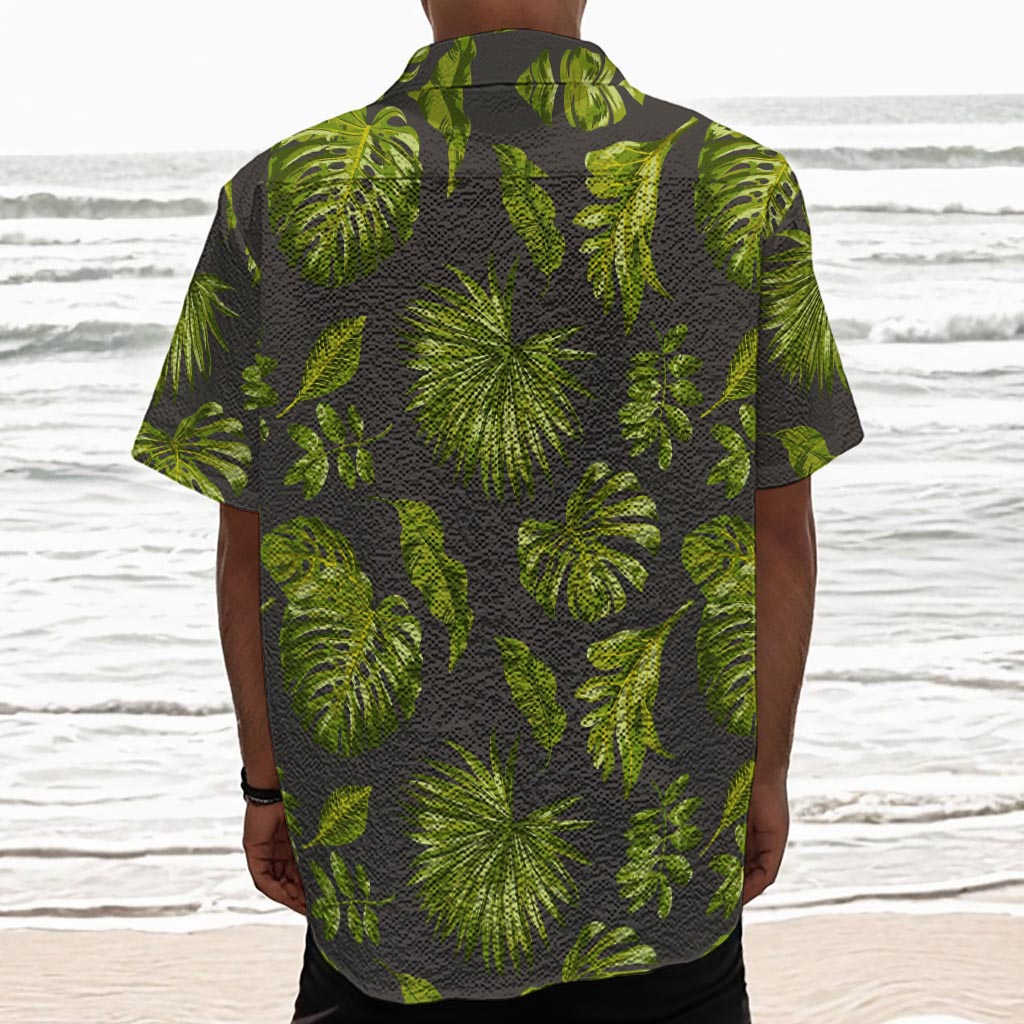 Dark Tropical Leaf Pattern Print Textured Short Sleeve Shirt