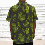 Dark Tropical Leaf Pattern Print Textured Short Sleeve Shirt