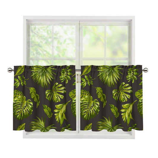 Dark Tropical Leaf Pattern Print Tier Curtains