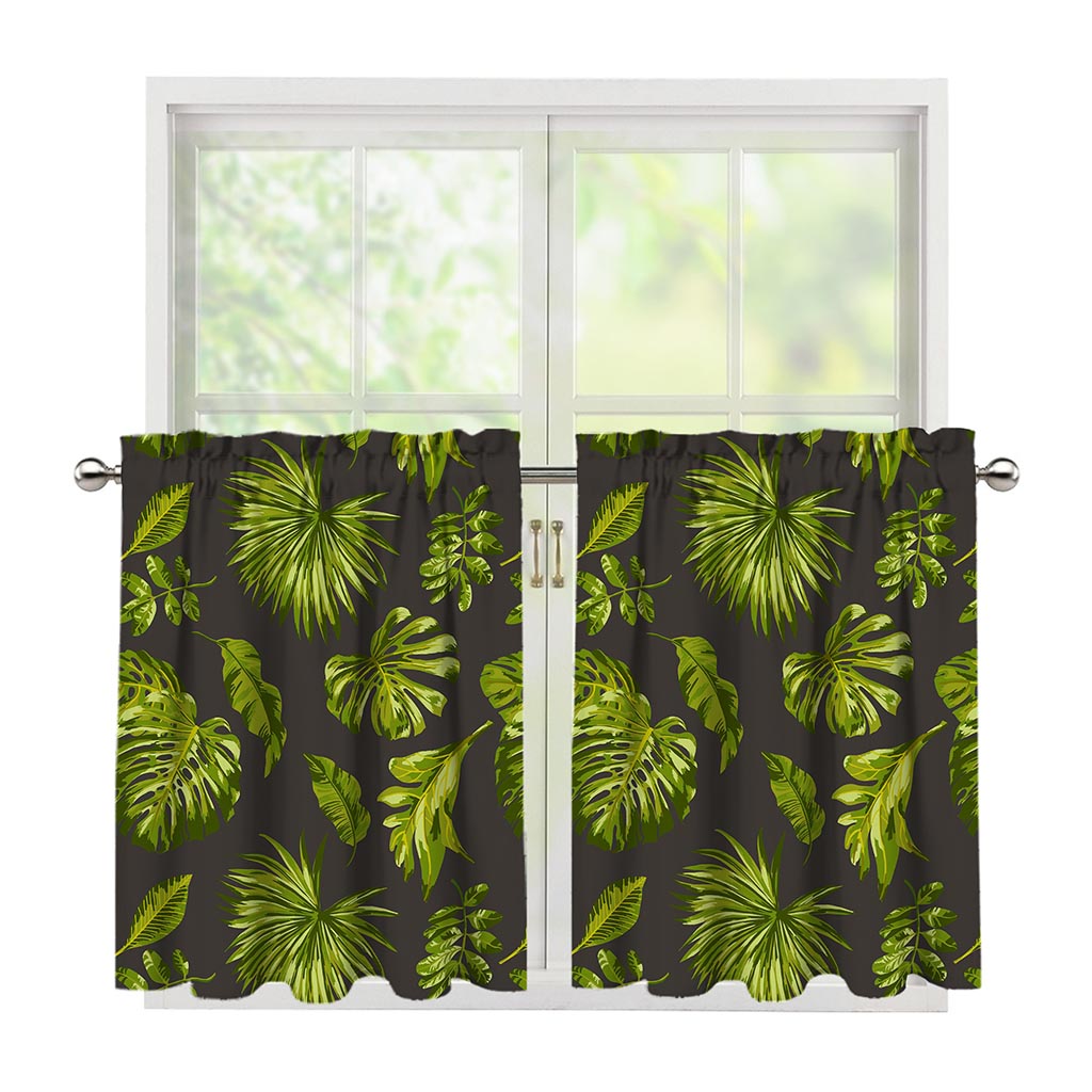 Dark Tropical Leaf Pattern Print Tier Curtains