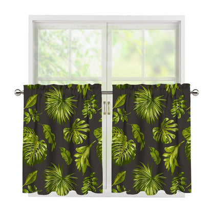 Dark Tropical Leaf Pattern Print Tier Curtains