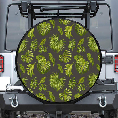 Dark Tropical Leaf Pattern Print Tire Cover