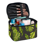 Dark Tropical Leaf Pattern Print Travel Makeup Bag