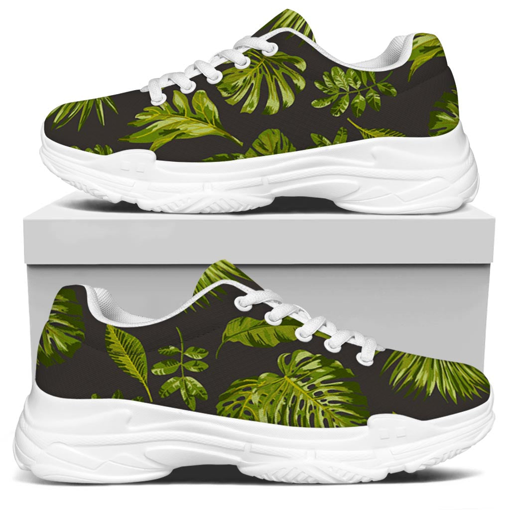 Dark Tropical Leaf Pattern Print White Chunky Shoes