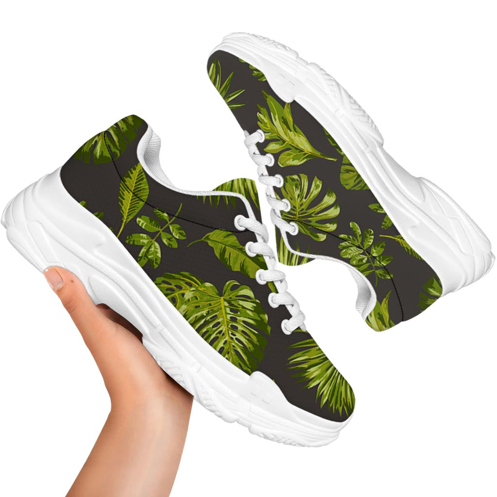 Dark Tropical Leaf Pattern Print White Chunky Shoes