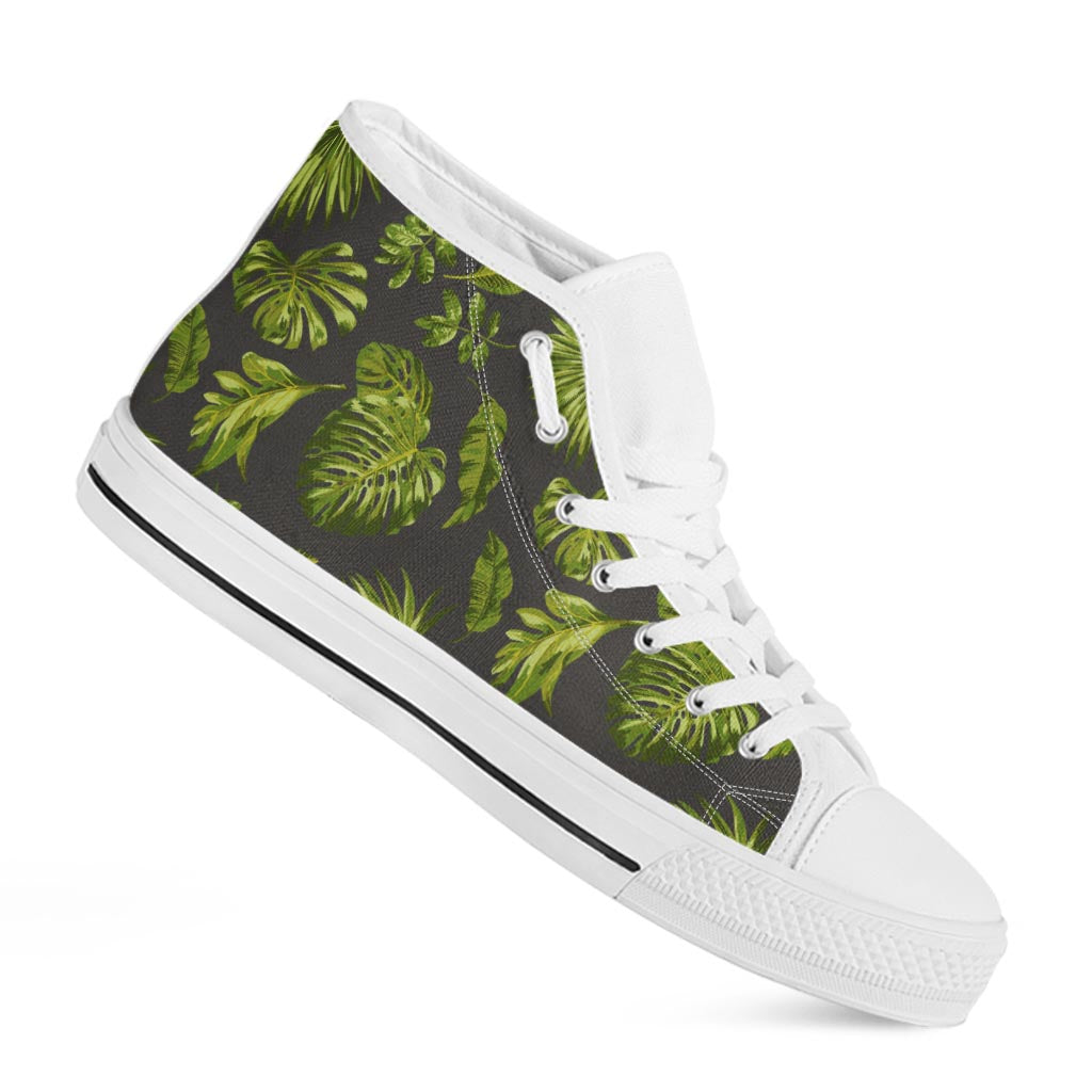 Dark Tropical Leaf Pattern Print White High Top Sneakers
