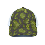 Dark Tropical Leaf Pattern Print White Mesh Trucker Cap